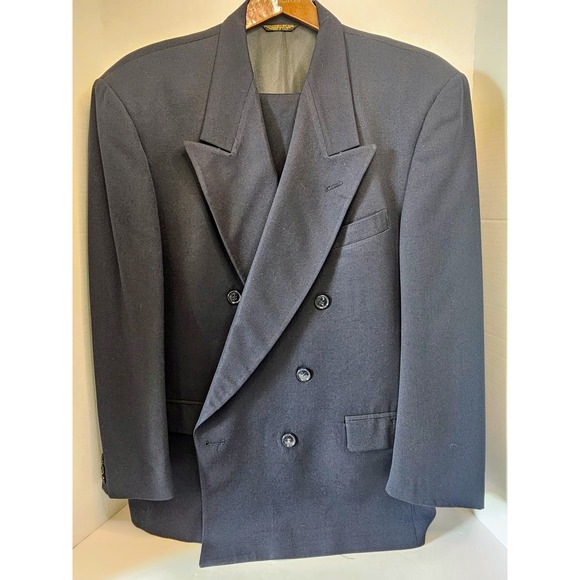 VTG Pierre Cardin Navy Blue Wool Suit Double Breasted Two Piece 44S/38X28 Pant - Picture 1 of 10